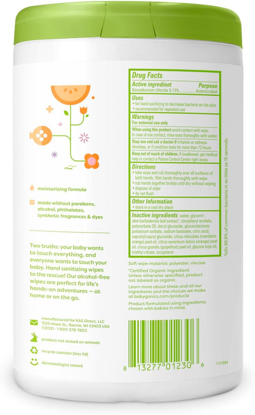 Babyganics Alcohol-Free Hand Sanitizing Wipes, Mandarin, Kills 99.9% Common Bacteria, Moisturizing