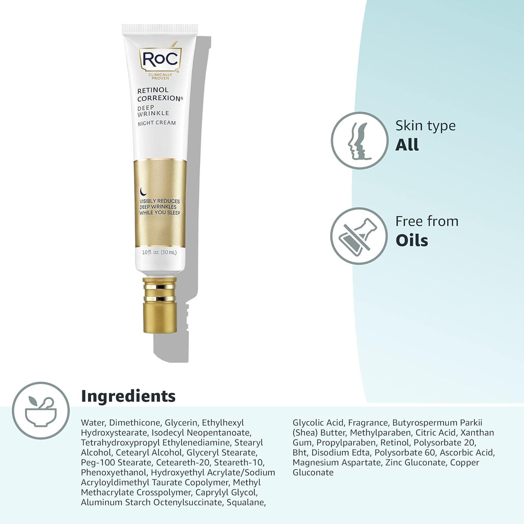 RoC Retinol Correxion Deep Wrinkle Anti-Aging Night Cream | Shea Butter, Glycolic Acid, Squalene