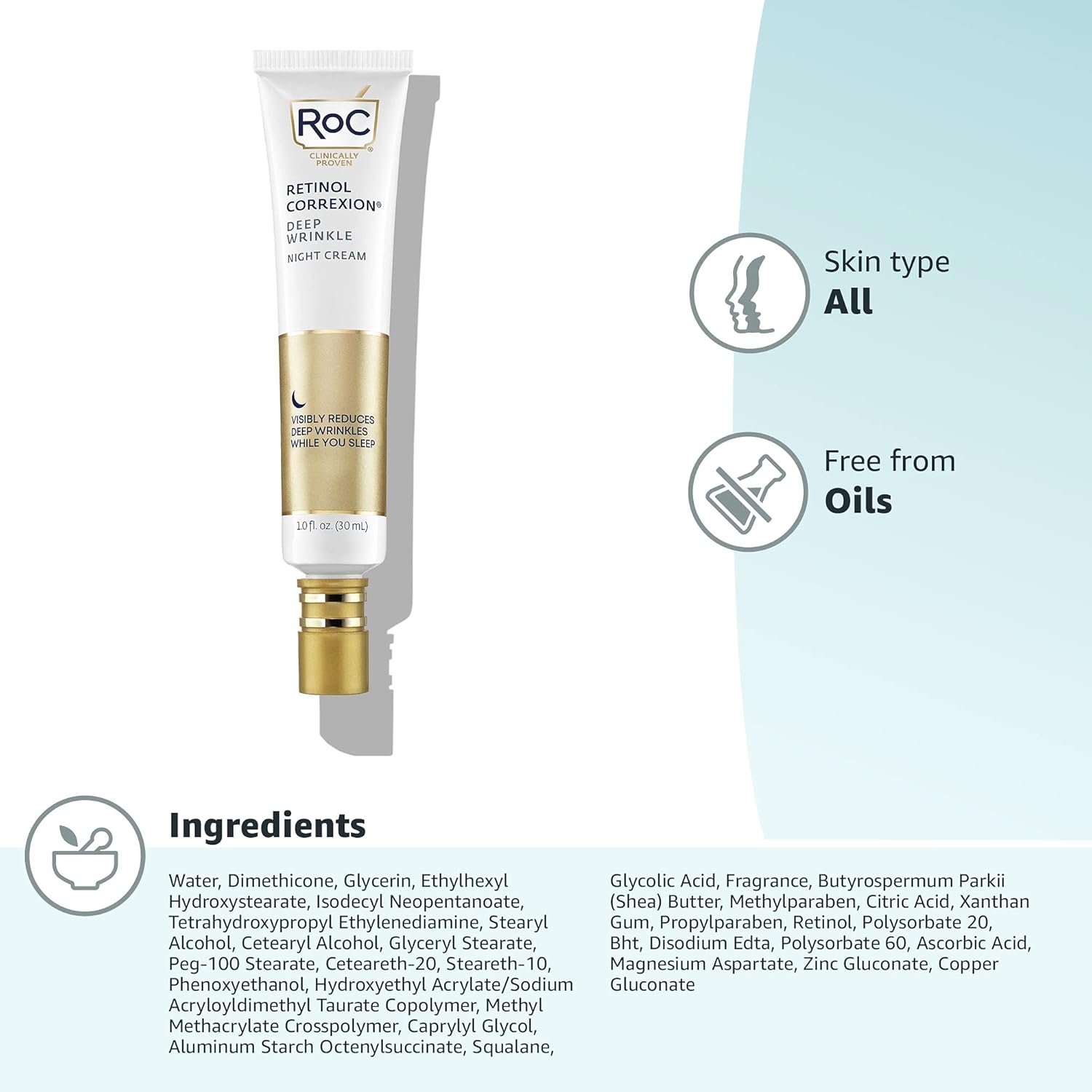 RoC Retinol Correxion Deep Wrinkle Anti-Aging Night Cream | Shea Butter, Glycolic Acid, Squalene