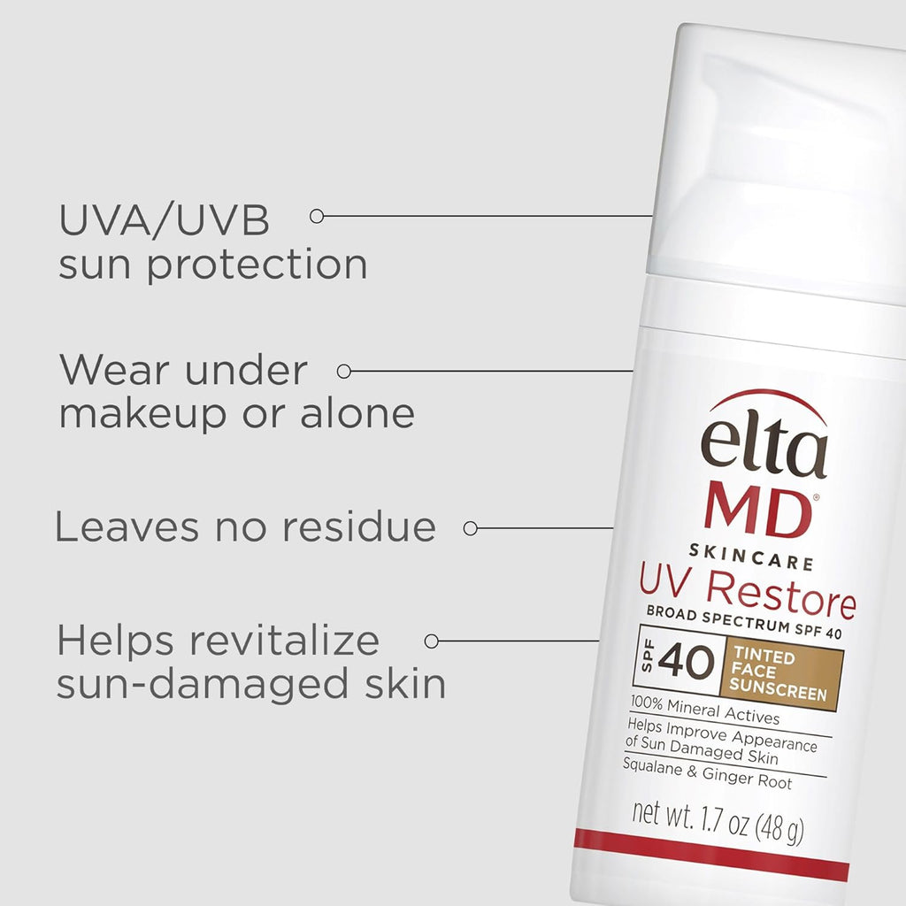 EltaMD UV Restore Tinted Sunscreen for Face SPF 40, Tinted Mineral Sunscreen for Sun Damaged Skin