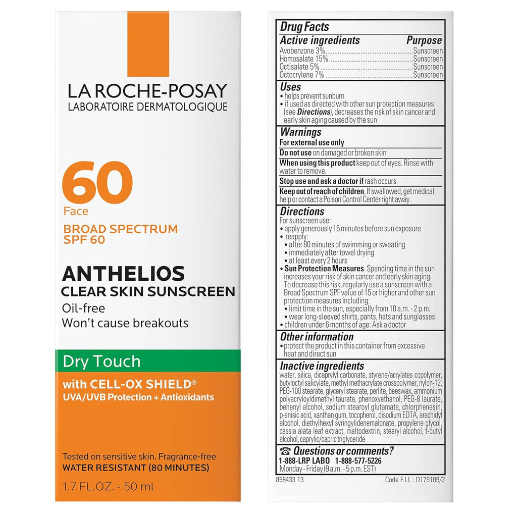 La Roche-Posay Anthelios Clear Skin Sunscreen Dry Touch SPF 60, Oil Free, For Face, Antioxidants