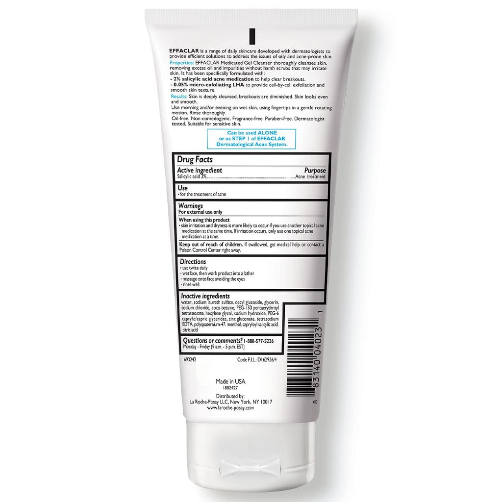 La Roche-Posay Effaclar Medicated Gel Cleanser, 2% Salicylic Acid Cleanser +LHA +Glycerin, Foaming