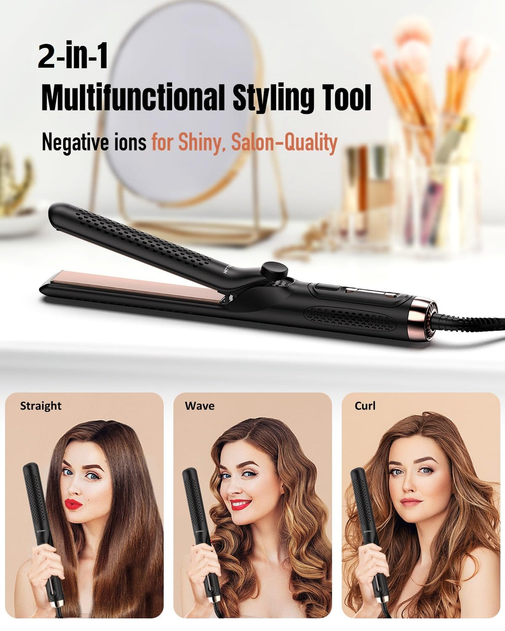 360° Airflow Styler Curling Iron - 1.25 In. Hair Straightener &Curler 2 in 1 with Vented Cool Air