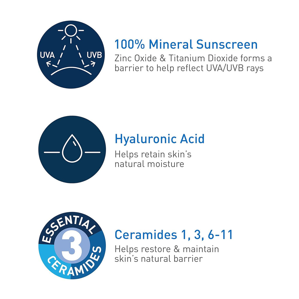 CeraVe 100% Mineral Sunscreen SPF 50 with Zinc Oxide & Titanium Dioxide, Hyaluronic Acid & Ceramides