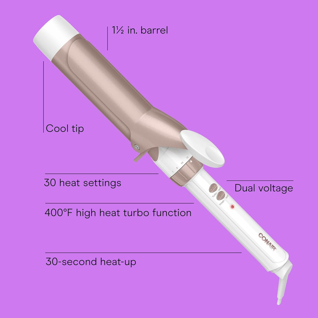 Conair Double Ceramic Curling Iron, Barrel Hair Curling Iron, 30 Heat Settings, Turbo Heat, Auto Off