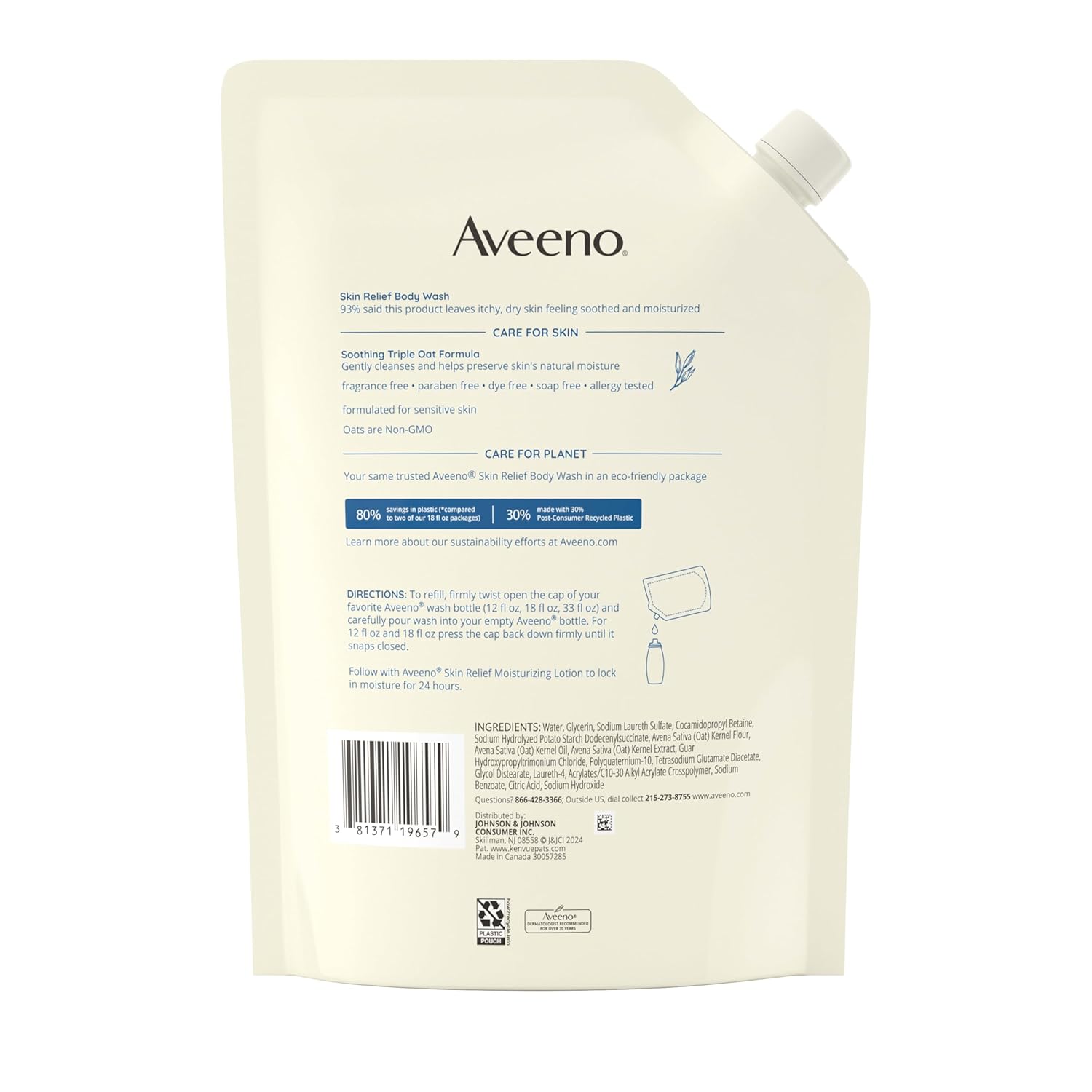 Aveeno Skin Relief Body Wash Fragrance-Free + Triple Oat Formula, Gentle Daily Cleanser for Moisture