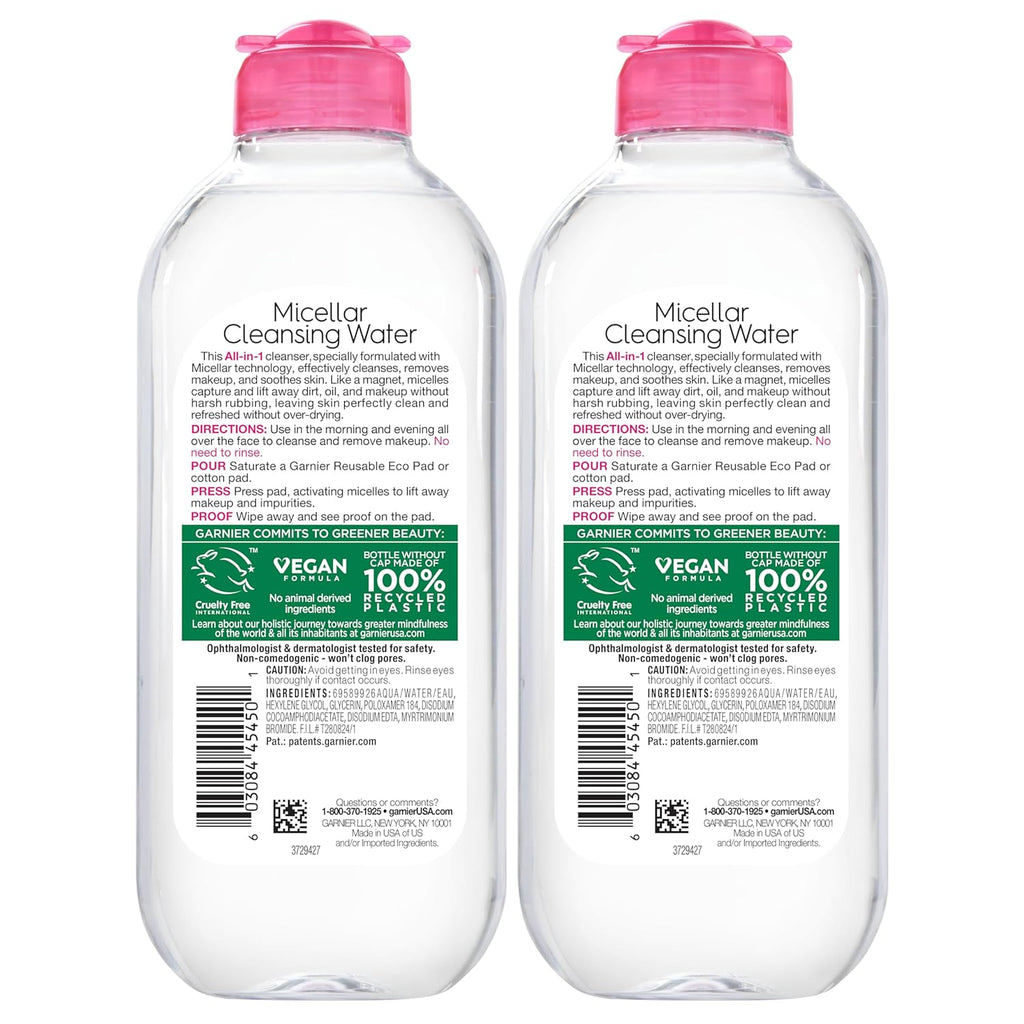 Garnier Micellar Water, Hydrating Facial Cleanser & Makeup Remover, Suitable for Sensitive Skin 2ct