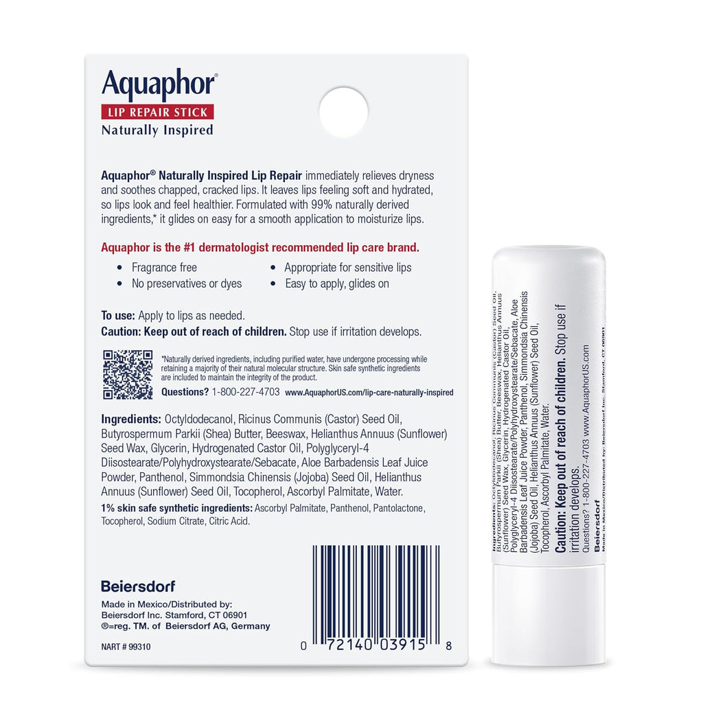 Aquaphor Naturally Inspired Lip Repair Stick with Aloe Vera and Natural Shea Butter, Hydrating Balm