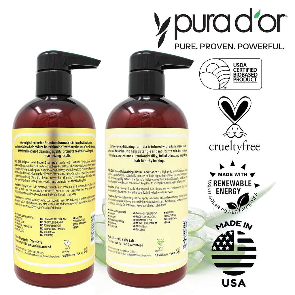 PURA D'OR Anti-Thinning Biotin Shampoo & Deep Moisturizing Conditioner Original Gold Label Set