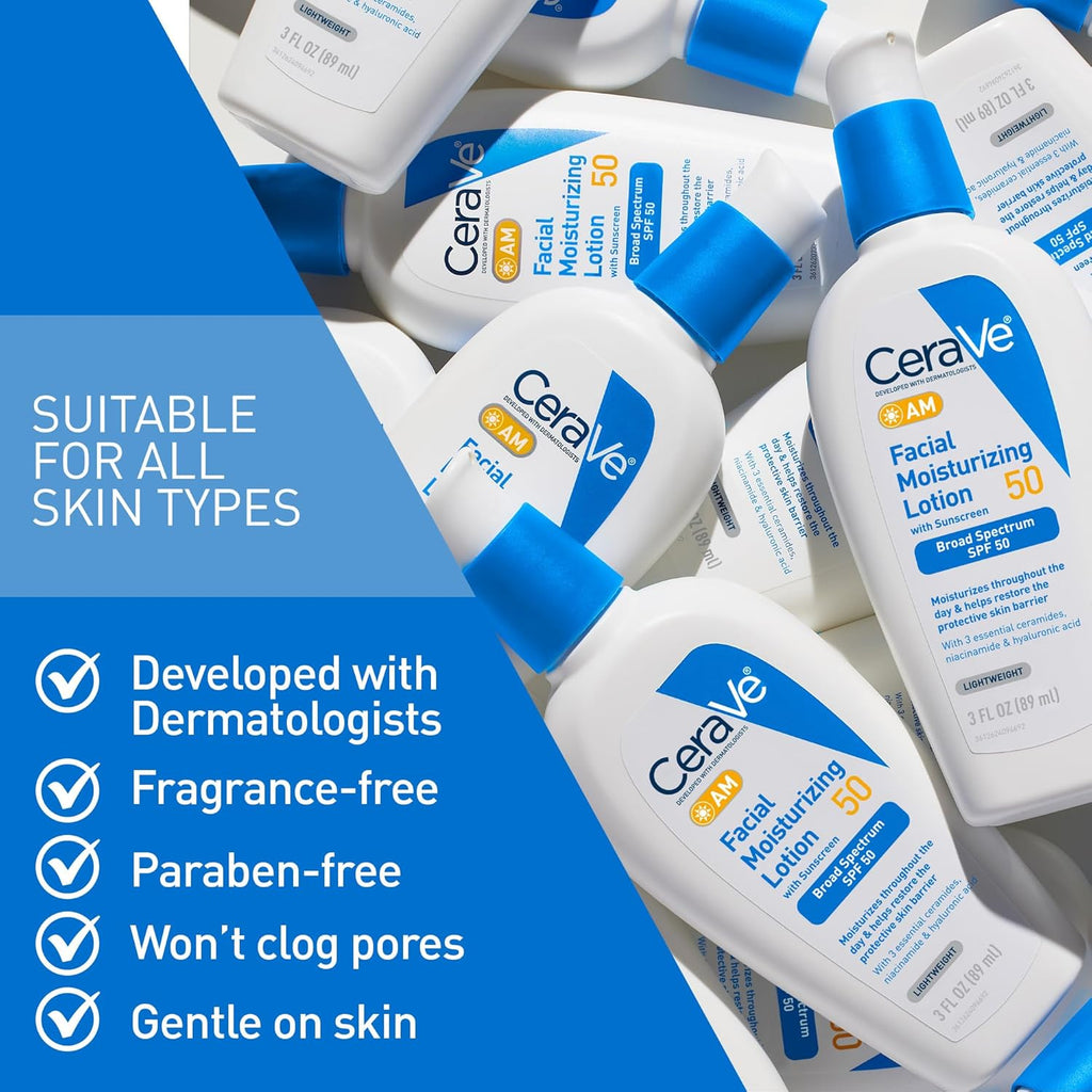 CeraVe AM Facial Moisturizing Lotion SPF 50, Hyaluronic Acid, Niacinamide & Ceramides