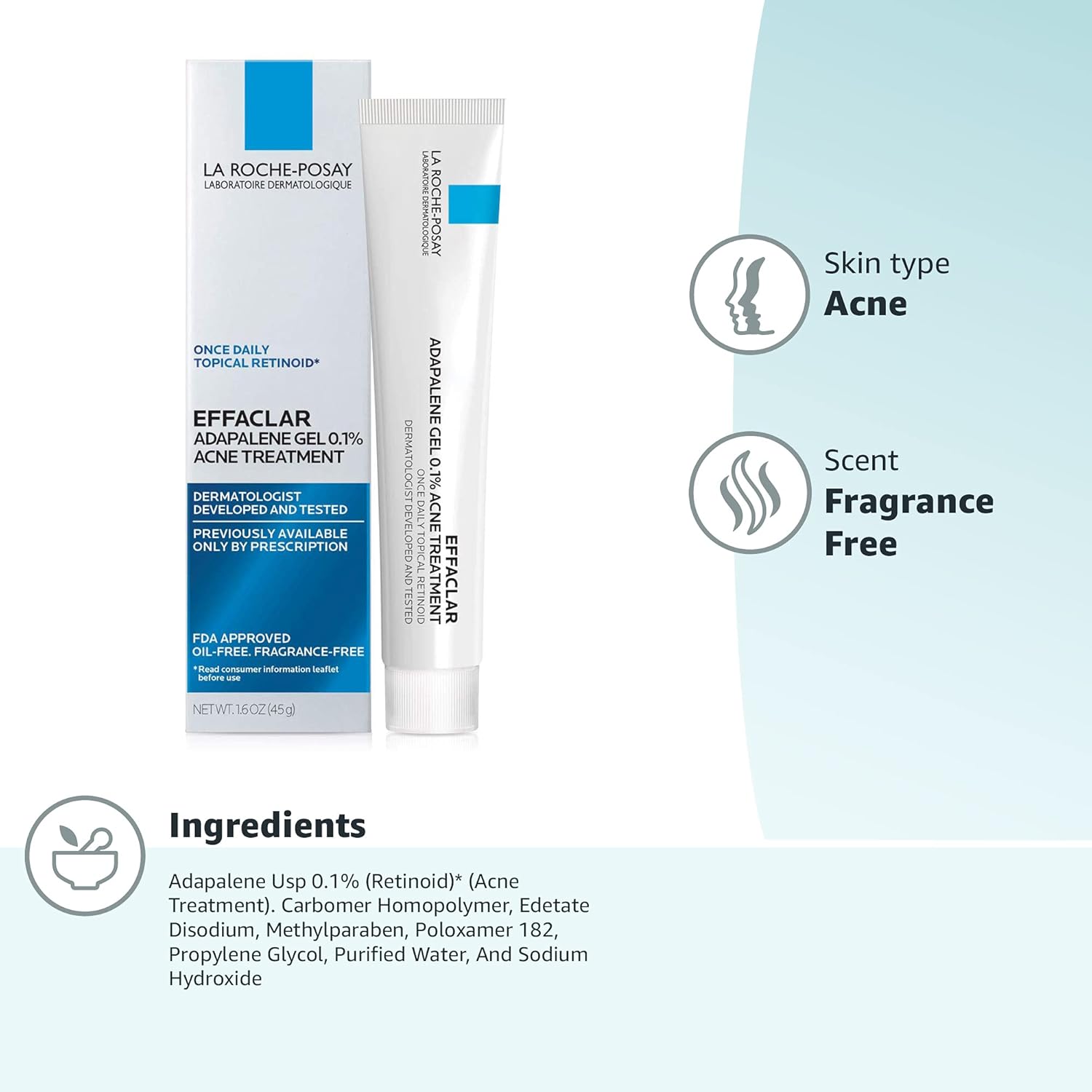 La Roche-Posay Effaclar Adapalene Gel 0.1% Acne Treatment, Retinoid Cream, Acne Medication Gel