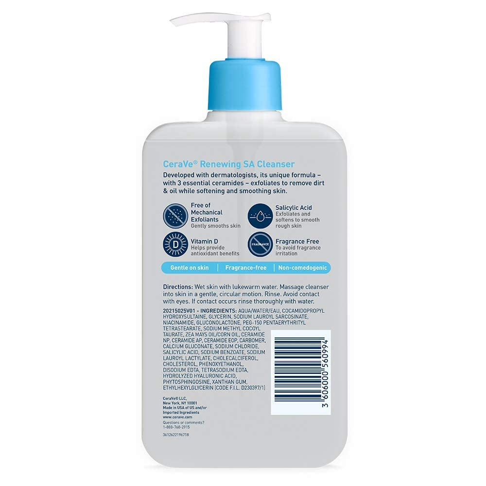 CeraVe Renewing Salicylic Acid Cleanser, Hyaluronic Acid, Niacinamide & Ceramides, BHA Exfoliating