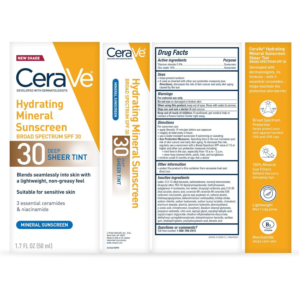 CeraVe Hydrating Mineral Sunscreen SPF30 with Sheer Tint, Tinted, Blends Seamlessly for Healthy Glow