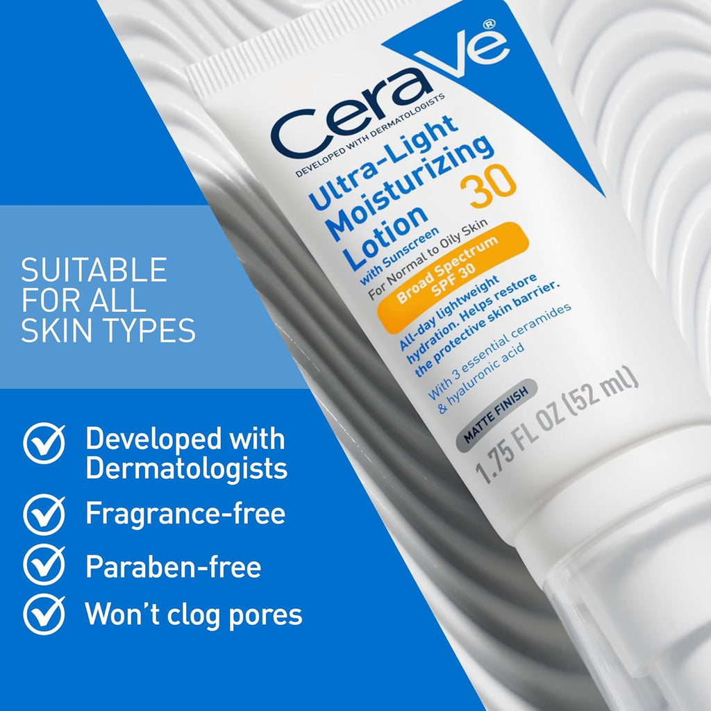 CeraVe Ultra-Light Moisturizing Lotion With SPF30, Daily for Face, Hyaluronic Acid &Ceramides, Matte