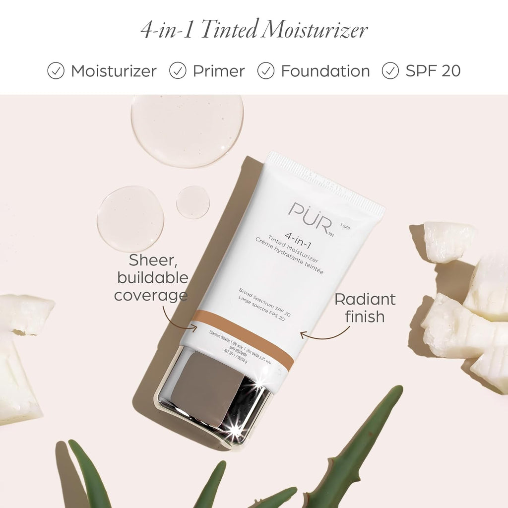 PUR Beauty 4-in-1 Tinted Moisturizer with SPF 20 Hydrating Skin Tint Face Moisturizer, Primer (MED)