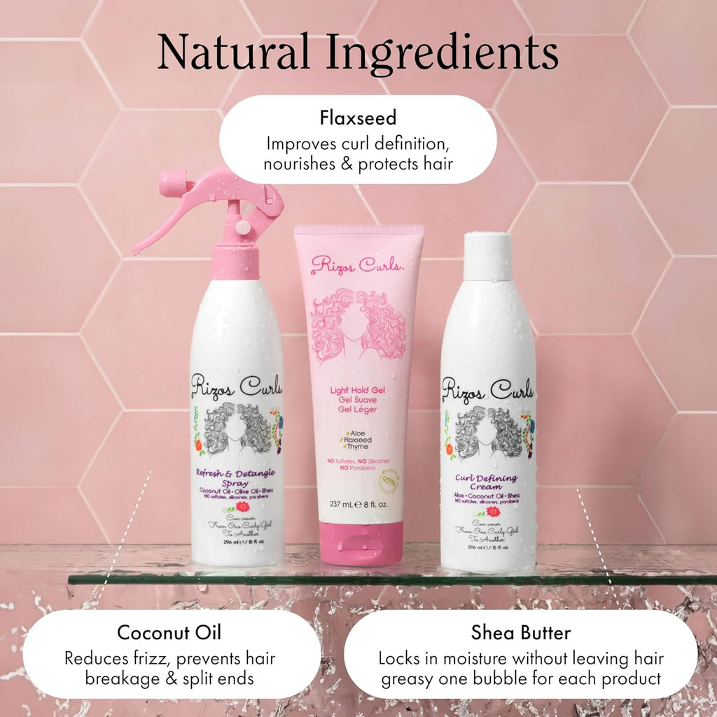 Rizos Curls 3-Step Styling Kit - Define with Curl Defining Cream, Light Hold Gel & Refresh Spray