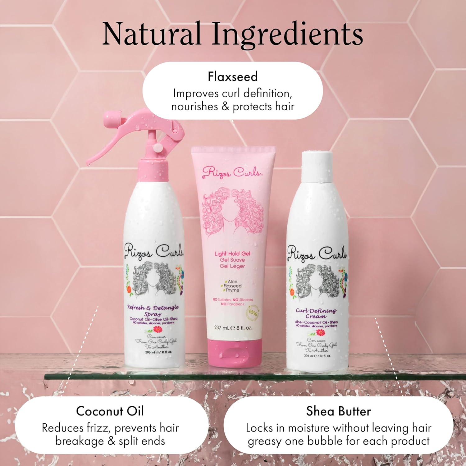 Rizos Curls 3-Step Styling Kit - Define with Curl Defining Cream, Light Hold Gel & Refresh Spray