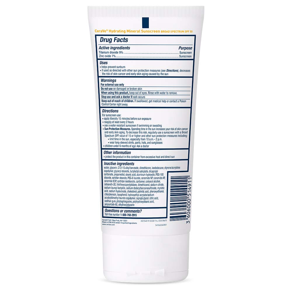 CeraVe 100% Mineral Sunscreen SPF 50 with Zinc Oxide & Titanium Dioxide, Hyaluronic Acid & Ceramides