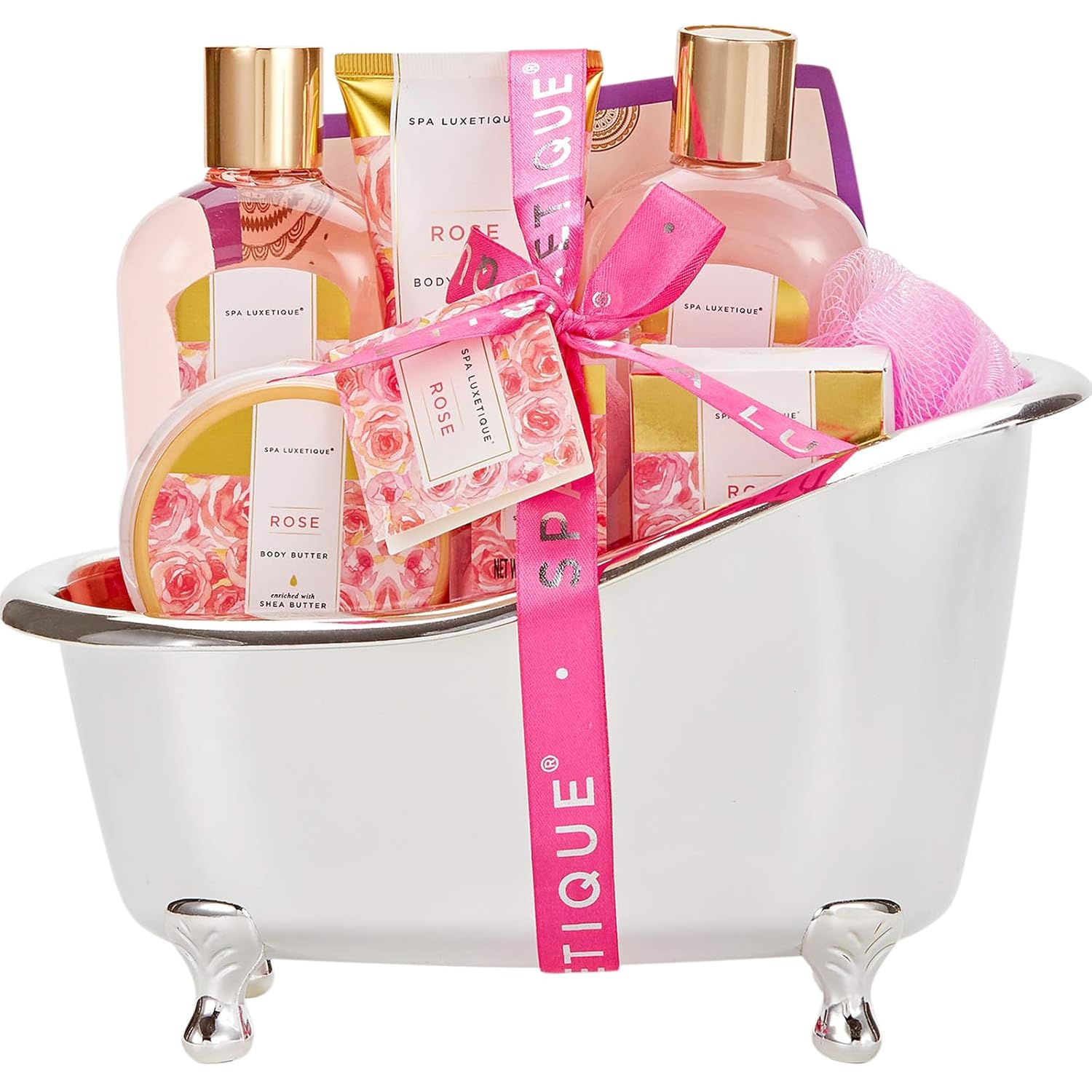 spa luxetique Gift Bath Set For Women, 8 Pcs Rose Spa Basket | Bubble Bath, Shower Gel, Body Lotion