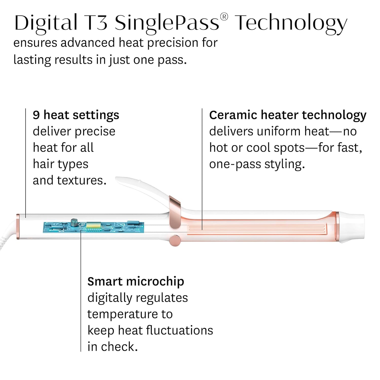T3 SinglePass Curl X Extra-Long Barrel Curling Iron with 9 Heat Settings and Ceramic Barrel for Fast