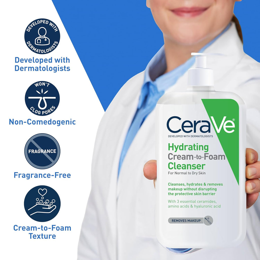 CeraVe Hydrating Cream To Foam Cleanser, Makeup Remover Face Wash For Dry Skin, Hyaluronic Acid